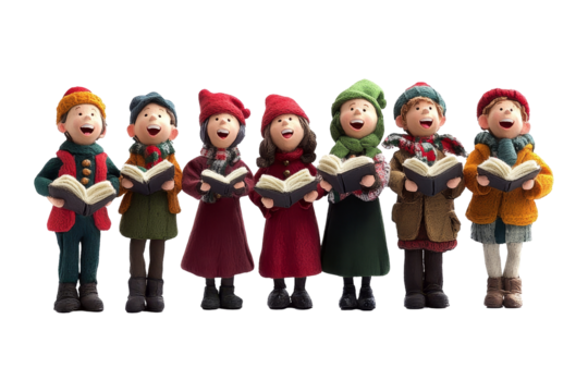 Festive caroling children holiday gathering figurine display cheerful setting joyous atmosphere