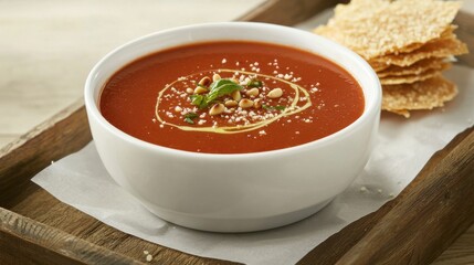 Pouring vibrant tomato bisque tableside into a white bowl garnished with a perfectly placed swirl in a cozy dining environment