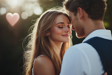 Fototapeta premium Romantic Couple Embracing Outdoors at Sunset with Heart Shape in Background