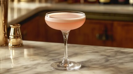 A stylish pink cocktail elegantly presented in a tall-stemmed glass, resting on a polished bar counter with marble surface, exuding sophistication and allure.