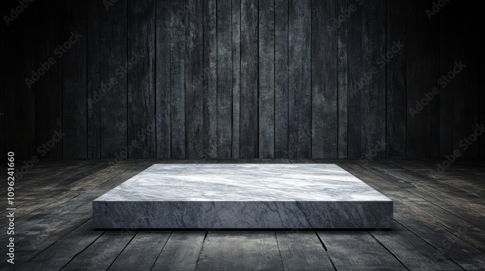 Poster showcasing a marble platform studio setting product photography minimalist environment low angle mod