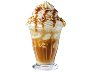 a glass with a drink and toppings