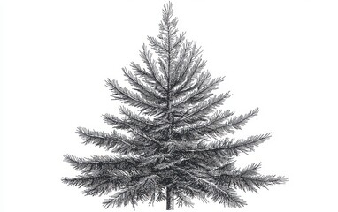 A vector graphic of a fir tree in the style of engraving, featuring intricate details of branches and needles, depicted in monochrome on a white background 