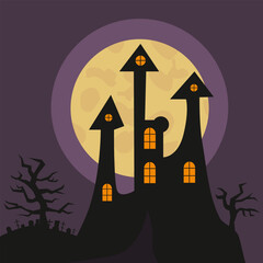 black castle at night with a full moon