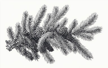 A vector graphic of a fir tree in the style of engraving, featuring intricate details of branches and needles, depicted in monochrome on a white background 