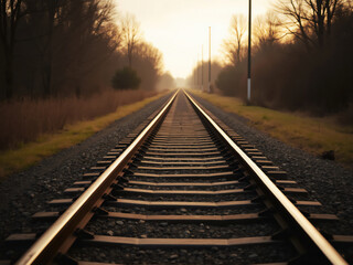 Fototapeta premium Railroad tracks disappearing into the golden sunset mist