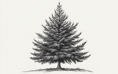 A vector graphic of a fir tree in the style of engraving, featuring intricate details of branches and needles, depicted in monochrome on a white background 