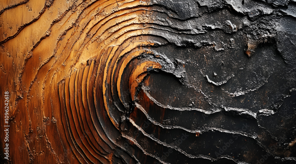 Poster a close-up view of textured wood, showcasing intricate patterns and contrasting colors, highlighting