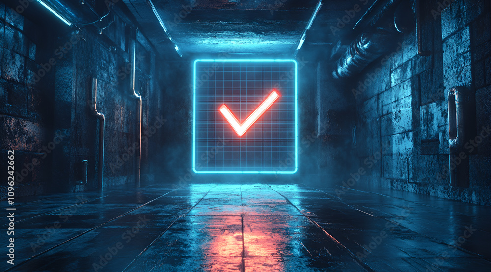 Poster a digital space featuring a glowing checkmark inside a neon frame, creating a futuristic and tech-in