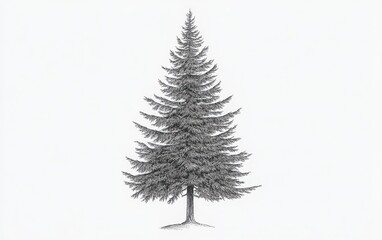 A vector graphic of a tall, detailed fir tree, designed in the style of traditional engraving