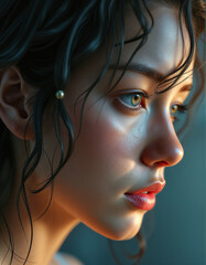 Naklejka premium Young woman with freckles and dark hair gazing into sunlight, 3d render