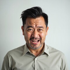 Obraz premium Asian man laughing joyfully against white background, happiness