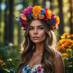 Naklejka premium A woman in a forest, wearing a flower crown, surrounded by nature, embodying a serene and peaceful connection with the natural world.