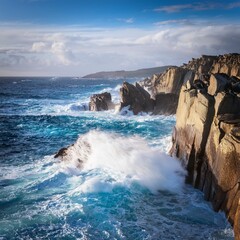 ocean waves crashing against rugged rocky cliffs