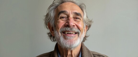 Obraz premium Cheerful senior man smiling warmly, joy in aging