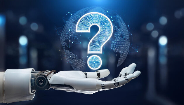 Robot hand and hologram question mark.