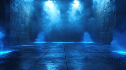 A mysterious dimly lit room with a polished tiled floor illuminated by vivid blue lights, surrounded by ethereal swirling smoke creating an atmospheric and surreal ambiance.