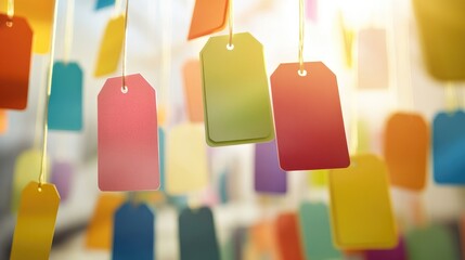 Colorful price tags hanging against a bright background, symbolizing vibrant retail offerings and an engaging shopping experience.