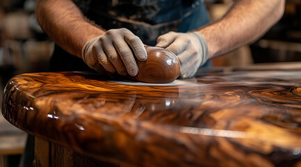 A craftsman polishes a beautifully finished wooden surface, showcasing intricate patterns and a glossy finish, highlighting skilled woodworking techniques.
