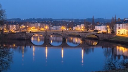 Obraz premium A serene riverside scene at dusk with a bridge and city lights reflecting on the water.