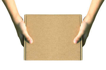 Top view of child hand holding cardboard box isolated on white background with clipping path.