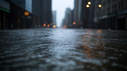 Close-up view of a wet city street after a rain shower, with blurred buildings and lights in the background.