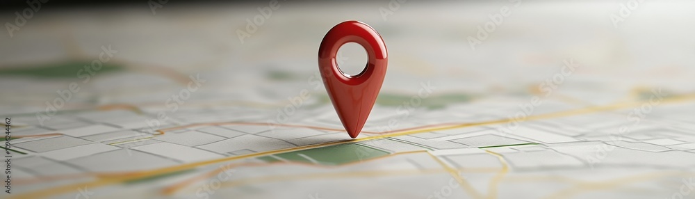 Poster a close-up of a red location pin placed on a detailed map, symbolizing navigation and geographic pin