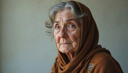 Fototapeta premium Elderly woman in brown headscarf gazes intently, wisdom etched