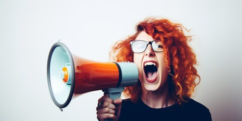 Fototapeta premium A young girl screams loudly into a bullhorn, standing against the background of a white wall. Generative AI.