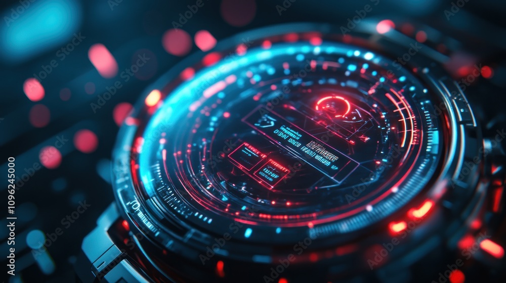 Poster here's a caption and keyword list suitable for a stock photo site.. futuristic smartwatch displaying
