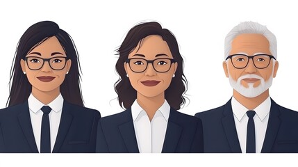 Animated business team in corporate attire smiling on a clean white backdrop