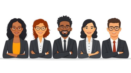Diverse team of animated business people in formal attire on a bright white canvas