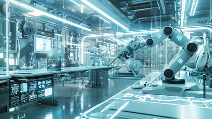 Advanced robotics lab with futuristic designs and cutting-edge scientific research tools.