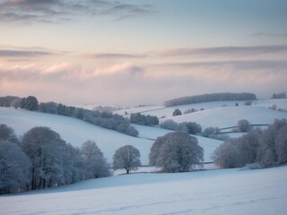 Obraz premium Serene winter morning with a blanket of snow and a warm sunrise.
