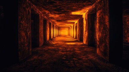 Desolate corridor of a dark, abandoned building illuminated by warm, orange light at the far end, showcasing stone walls and a long, eerie pathway stretching into the distance.