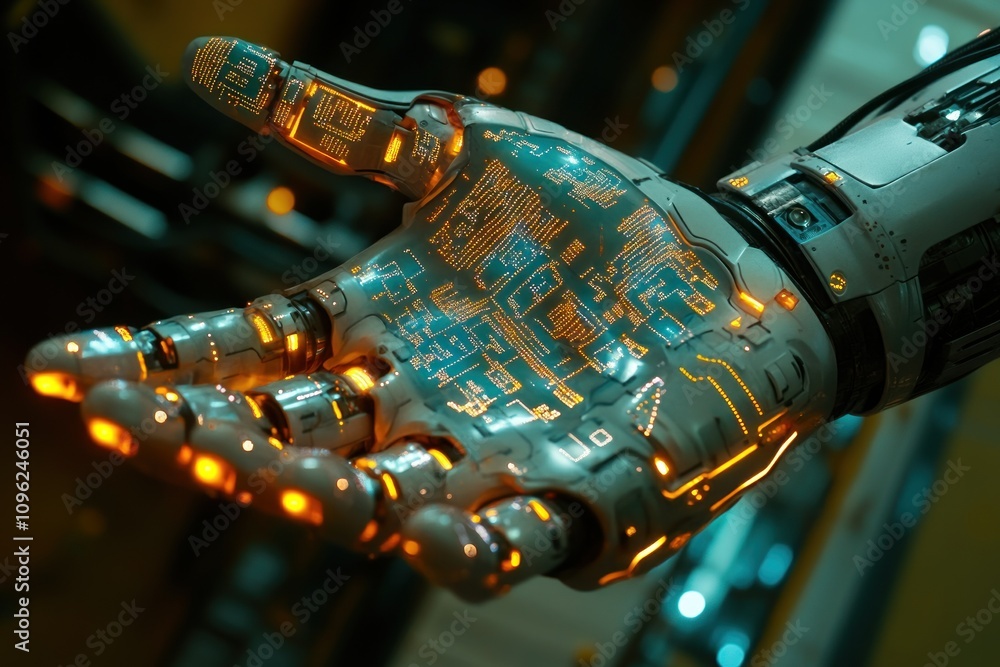Poster Here's a description and keywords for your image.. Close-up of a futuristic robotic hand with glowing circuits, palm open.