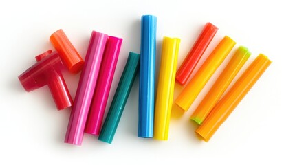 Colorful assortment of adhesive glue sticks arranged on a white background showcasing various vibrant hues in cylindrical form.