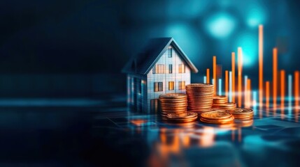 Digital rendering of coins and houses on a futuristic background, showcasing concepts of real estate, investment, trust in REIT portfolios