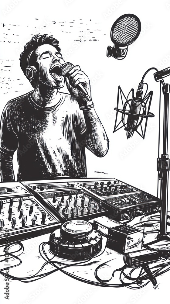 Poster a singer performs into a microphone while surrounded by sound equipment and a mixing console.