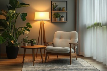 scandinavian living room, a scandinavian lounge featuring a sleek shelf, soft floor lamp, chic armchair, and a round table for a cozy vibe