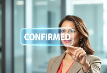 Futuristic Payment Confirmation Interface: Holographic Review By Businesswoman
