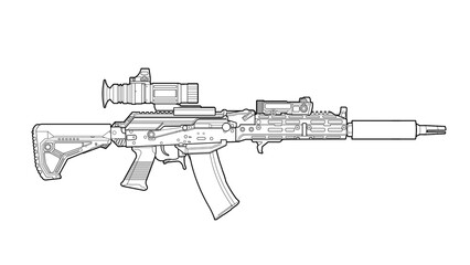 lineart, line art of Upgraded AK 105 assault rifle with collimator sight on thermal imaging scope, tactical grip, silencer, folding stock, laser sight module on white background