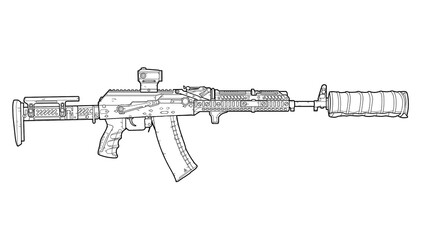 lineart line art Upgraded AK 74 assault rifle with collimator sight, magnifier, tactical grip, silencer, folding stock on white background