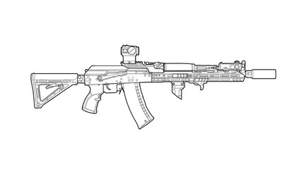 lineart, line art of Upgraded AK 74 assault rifle with collimator sight, tactical grip, folding stock, laser sight module on white background