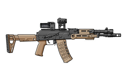 Upgraded AK 105 assault rifle with collimator sight, folding stock, magnifier, flashlight, on white background