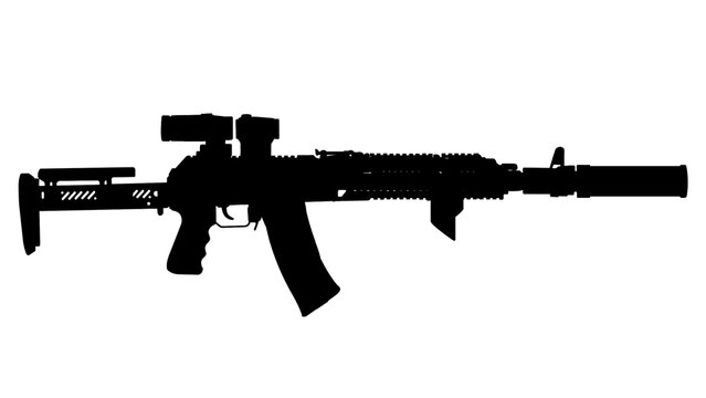 silhouette Upgraded AK 74 assault rifle with collimator sight, tactical grip, silencer, folding stock, flashlight on white background