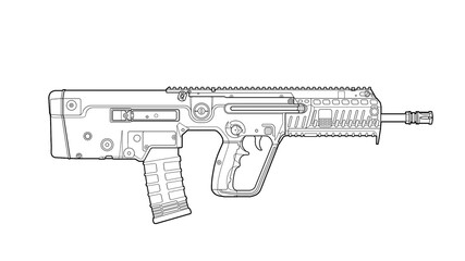 line art of side view of upgraded Israeli x95 bullpup assault rifle on a white background, lineart