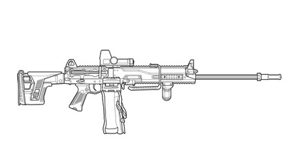 lineart line art of upgraded Russian rpl 20 machine gun with collimator sight, tactical grip, folding stock on a white background
