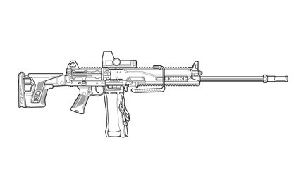 line art lineart upgraded Russian rpl 20 machine gun with collimator sight folding stock on a white background