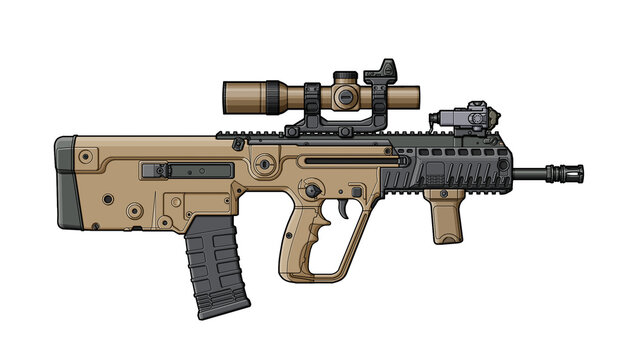 side view of upgraded Israeli x95 bullpup assault rifle with collimator sight on a optical scope, tactical grip, laser sight module on a white background